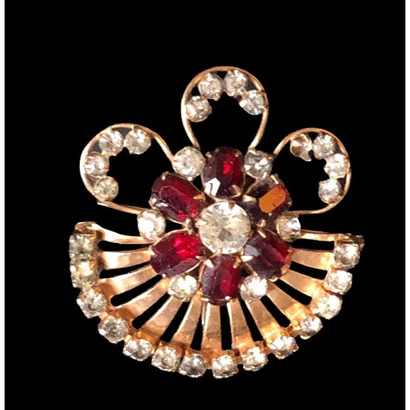 Scitarelli Signed Art Nouveau Gold Tone Brooch Ruby Color with Clear Rhinestones - Picture 2 of 6